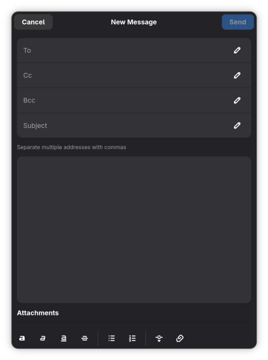 Composing a new message in Postcard with To, Cc, Bcc fields and a rich text toolbar