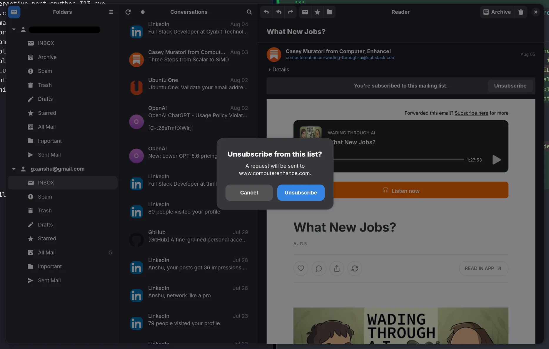 The Postcard reader showing a mailing list banner with an Unsubscribe button, and the dialog naming the host the request goes to