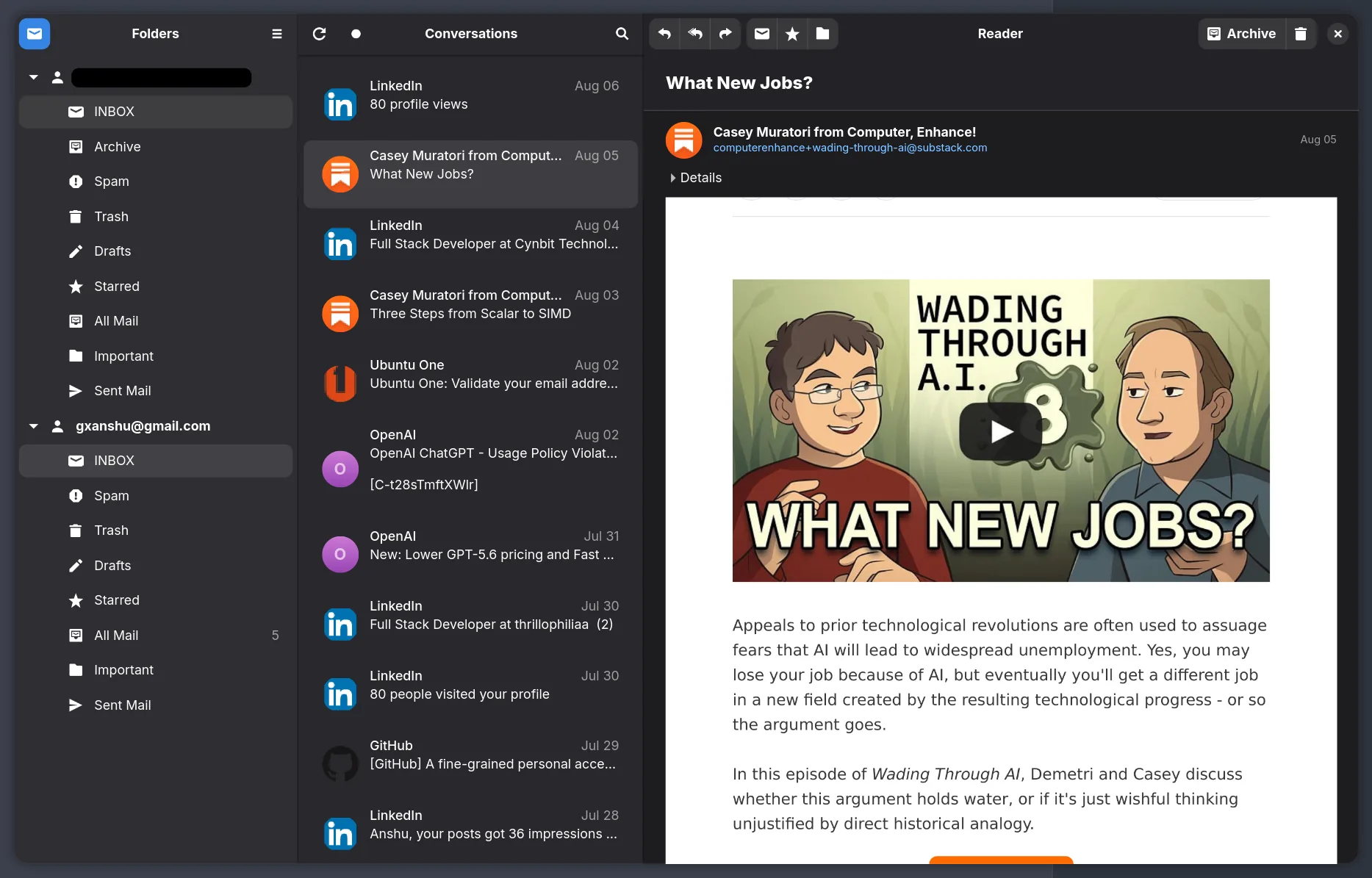 Postcard on GNOME showing every account in one sidebar, the conversation list and the HTML reader