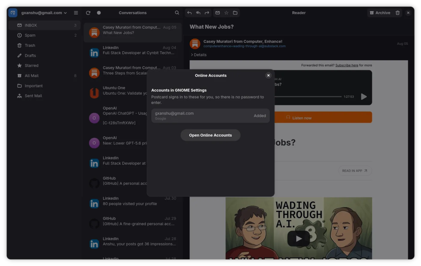Postcard picking up a Google account from GNOME Online Accounts, with no password to enter