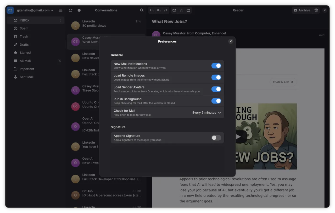 Postcard preferences dialog with notification, remote image and background sync settings